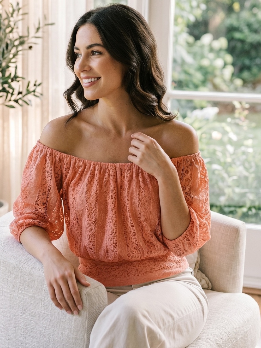 Poof! Coral Lace Off-Shoulder Blouse